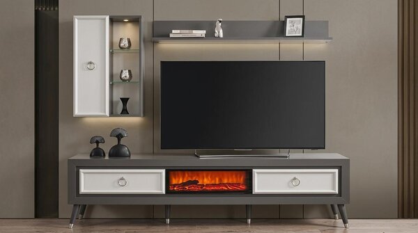 Mobile TV a basso, pensile, ripiano a parete, stile moderno, colore nero, camino
