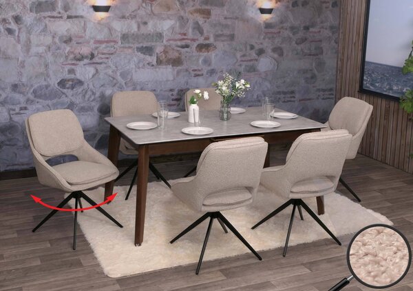 Set di 6 sedie da pranzo HWC-N73, sedia da cucina, girevole a ritorno automatico, tessuto/tessuto boucle (540g/m²) Oeko-Tex ~ beige