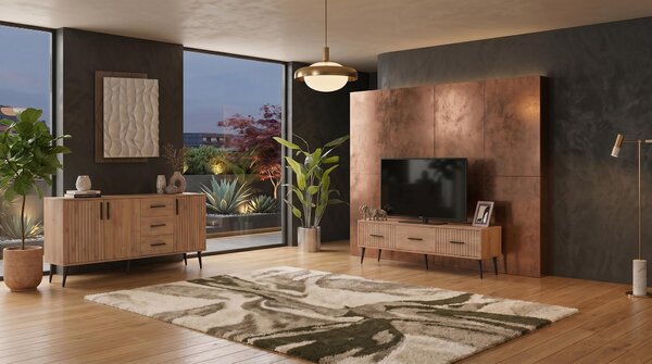 Set di mobili per soggiorno in stile elegante, color marrone, composto da: mobile TV, consolle e altri elementi per l'arredamento della zona TV