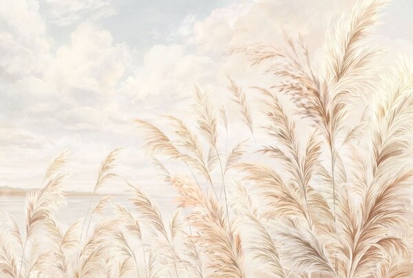 Carta da parati Morbidi e alti steli di grano ed erba sotto un cielo nuvoloso, Carta da parati Natura, w05735 : Uwalls.it