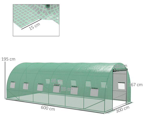 Outsunny Serra a Tunnel 6x3x2 m con Sistema di Irrigazione Integrato 12 Finestre con Rete e 1 Porta Avvolgibile Verde | Aosom Italy