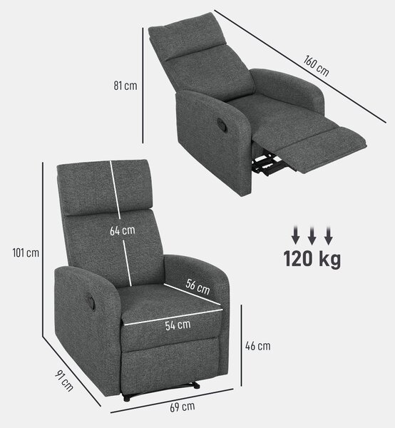 HOMCOM Poltrona Moderna con Reclinazione Manuale 145° max Rivestita in Ciniglia Grigia, 69x91x101 cm | Aosom Italy