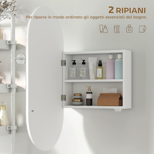 HOMCOM Specchio Bagno Ovale Moderno con Armadietto e Due Ripiani, 45x90 cm, Bianco | Aosom Italy
