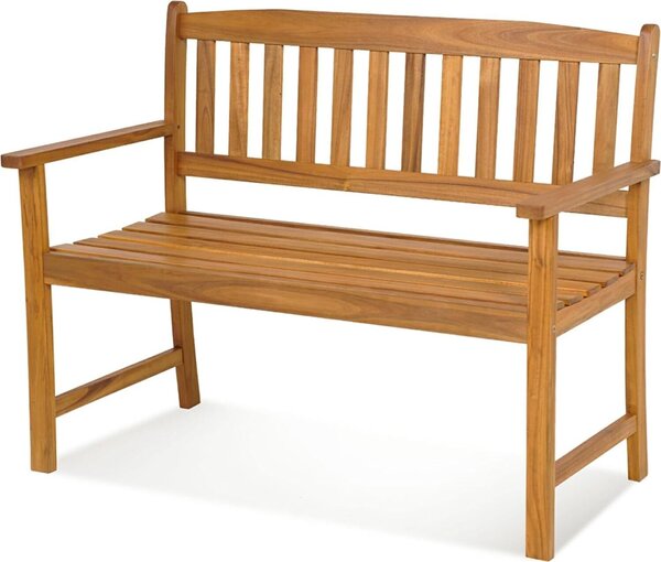 KOMFOTTEU, panchina da giardino per 2 persone, realizzata in legno di acacia, panca da esterno con schienale e braccioli, panchina da parco resistente fino a 360 kg (110x55x86 cm)