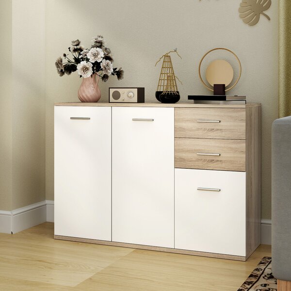 Credenza Moderna 106x35x76 cm con 3 Armadietti e 2 Cassetti color Legno