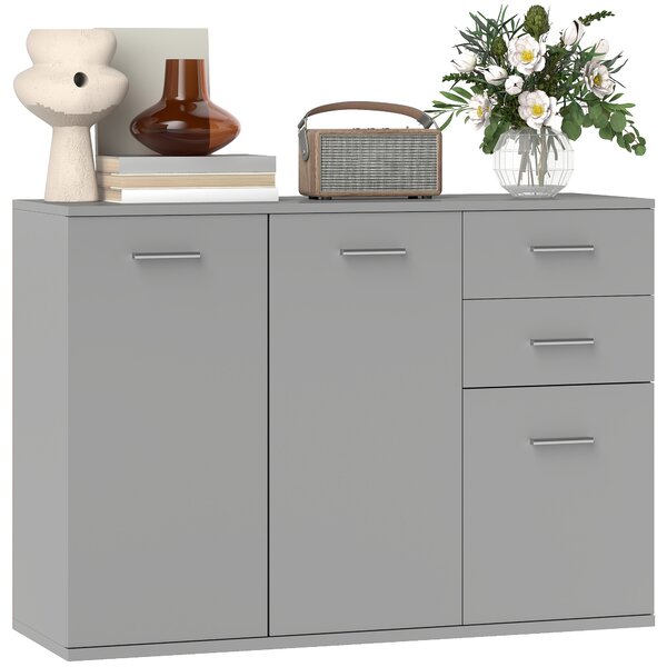 HOMCOM Credenza Moderna con 3 Armadietti e 2 Cassetti, in Legno, 106x35x76 cm, Grigio Chiaro