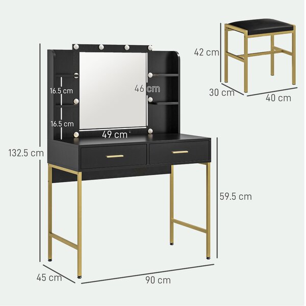 HOMCOM Tavolo da Trucco con 2 Cassetti, 6 Ripiani, Specchio e Sgabello, in Legno e Acciaio, 90x45x132.5 cm, Nero