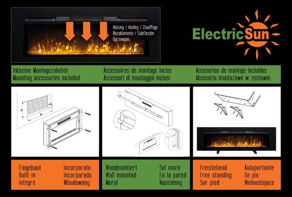 Camino elettrico ElectricSun PAULA vetro Grande nero, a parete, a pavimento o incorporabile, con suono, 10 colori, con l’app, L183xH45cm