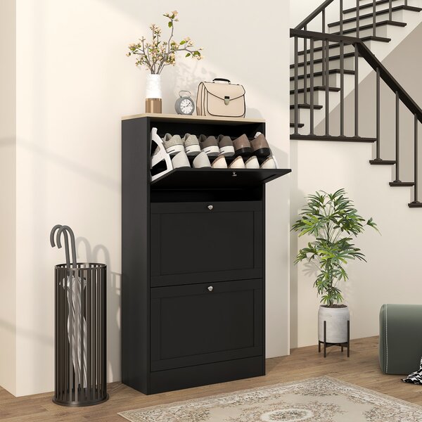 HOMCOM Scarpiera Mobile Moderno Salvaspazio a 3 Cassetti con Ripiani Regolabili su 2 Livelli, per 18 Paia di Scarpe, 60x23.5x115 cm, Nero|Aosom Italy