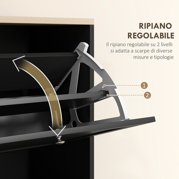 HOMCOM Scarpiera Mobile Moderno Salvaspazio a 3 Cassetti con Ripiani Regolabili su 2 Livelli, per 18 Paia di Scarpe, 60x23.5x115 cm, Nero|Aosom Italy