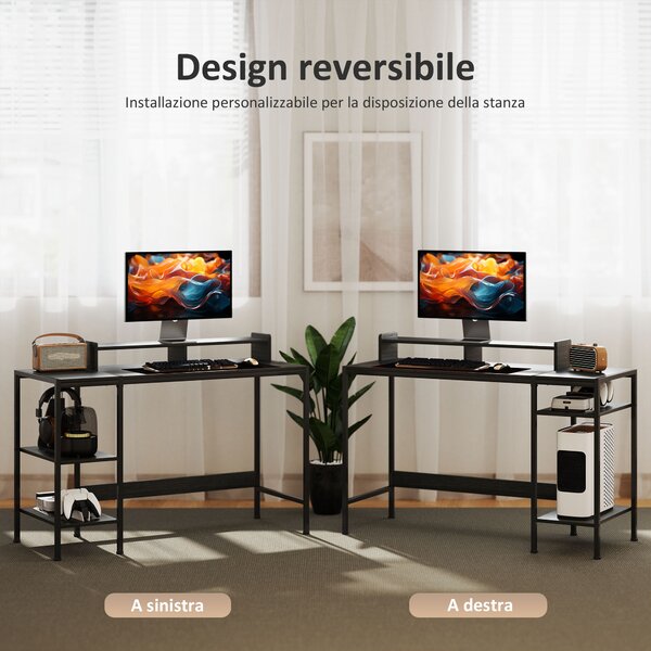 HOMCOM Scrivania PC con Supporto per Monitor e 2 Ripiani Regolabili, in Legno e Acciaio, 120x48x85.5 cm, Nero