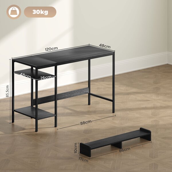 HOMCOM Scrivania PC con Supporto per Monitor e 2 Ripiani Regolabili, in Legno e Acciaio, 120x48x85.5 cm, Nero