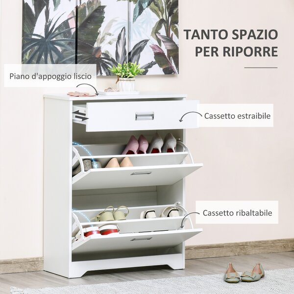 HOMCOM Scarpiera Salvaspazio Moderna in Legno, 2 Cassetti con Mensola Regolabile per 16 Scarpe e Cassetto Piccolo, 70x29x92 cm, Bianco | Aosom Italy