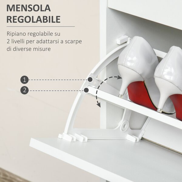 HOMCOM Scarpiera Salvaspazio Moderna in Legno, 2 Cassetti con Mensola Regolabile per 16 Scarpe e Cassetto Piccolo, 70x29x92 cm, Bianco | Aosom Italy