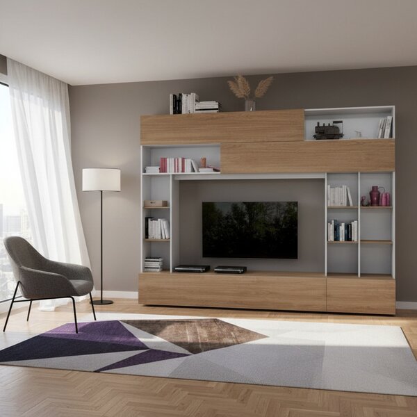 DecHome Parete Attrezzata Moderna 4 Ante e Vani a Giorno Dimensioni 277x41x209 cm colore Bianco/Olmo - Boran