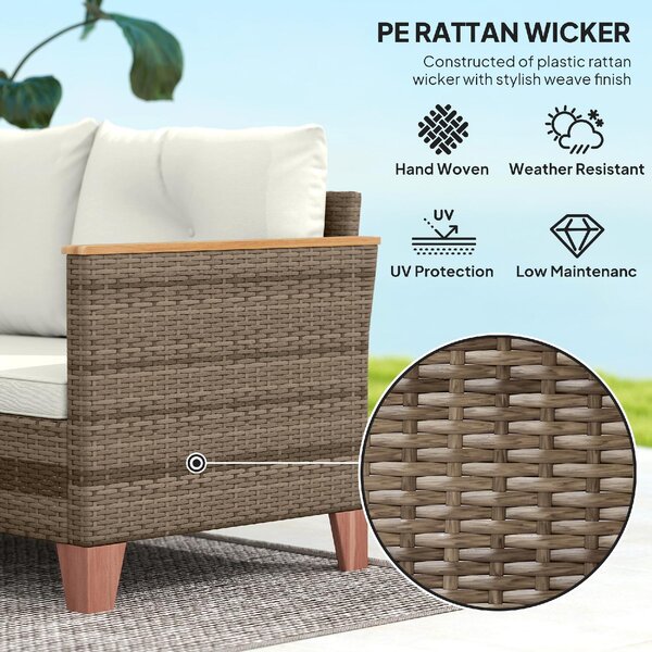 VivaGarden Salotto da Giardino con Divano Chaise Longue e Tavolino in Rattan PE colore Crema