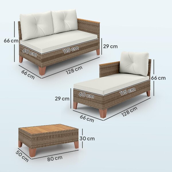 VivaGarden Salotto da Giardino con Divano Chaise Longue e Tavolino in Rattan PE colore Crema