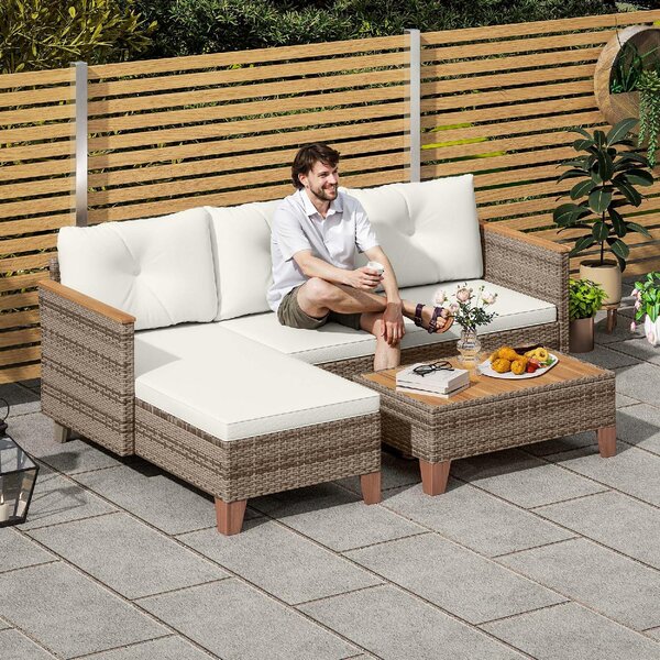 VivaGarden Salotto da Giardino con Divano Chaise Longue e Tavolino in Rattan PE colore Crema