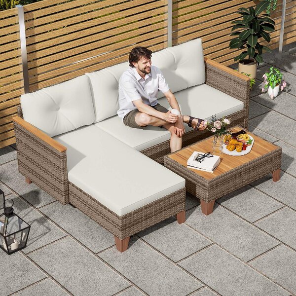 VivaGarden Salotto da Giardino con Divano Chaise Longue e Tavolino in Rattan PE colore Crema