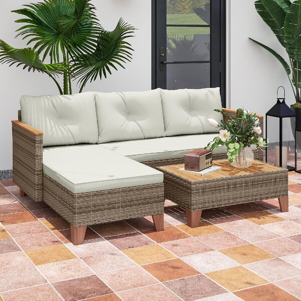VivaGarden Salotto da Giardino con Divano Chaise Longue e Tavolino in Rattan PE colore Crema