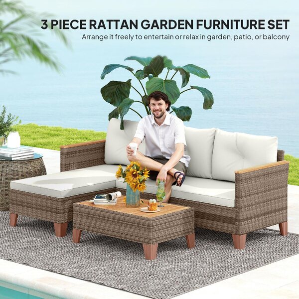 VivaGarden Salotto da Giardino con Divano Chaise Longue e Tavolino in Rattan PE colore Crema