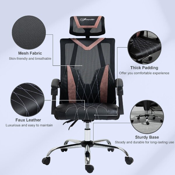 DecHome Sedia Ergonomica con Ruote Braccioli e Poggiatesta in Tessuto Mesh colore Nero
