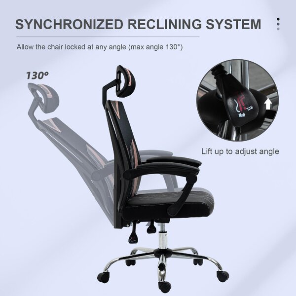 DecHome Sedia Ergonomica con Ruote Braccioli e Poggiatesta in Tessuto Mesh colore Nero