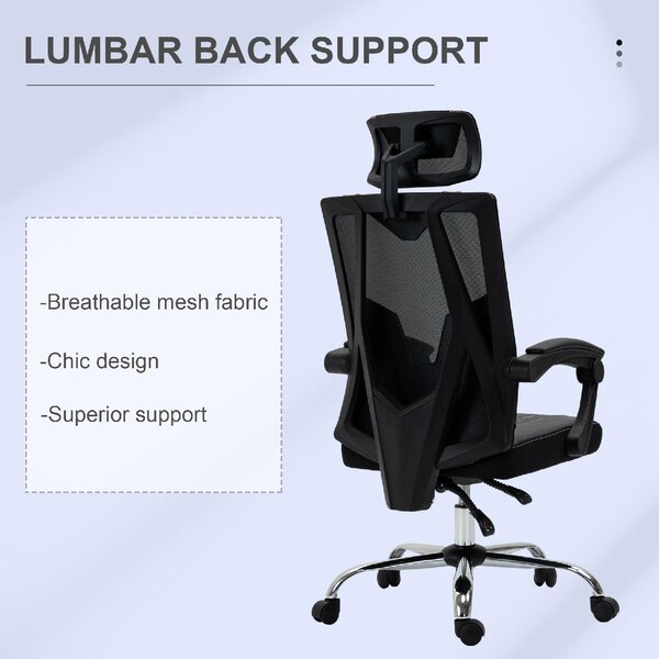 DecHome Sedia Ergonomica con Ruote Braccioli e Poggiatesta in Tessuto Mesh colore Nero