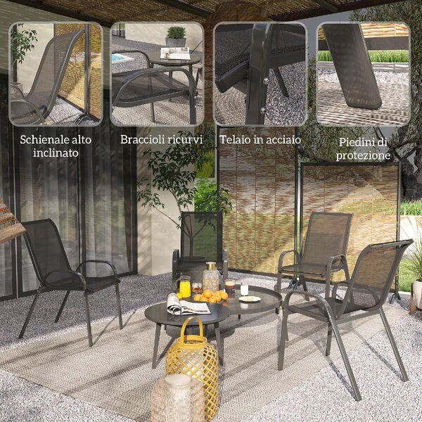 VivaGarden Sedia per Esterni Impilabile Set 4 Sedie da Giardino in Acciaio/Tessuto Dimensioni 54x71x93 cm colore Nero