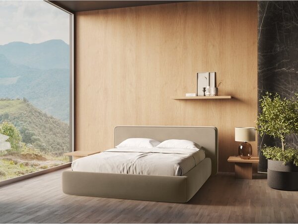 Letto matrimoniale imbottito marrone chiaro con contenitore con griglia 160x200 cm Kiana - Makamii