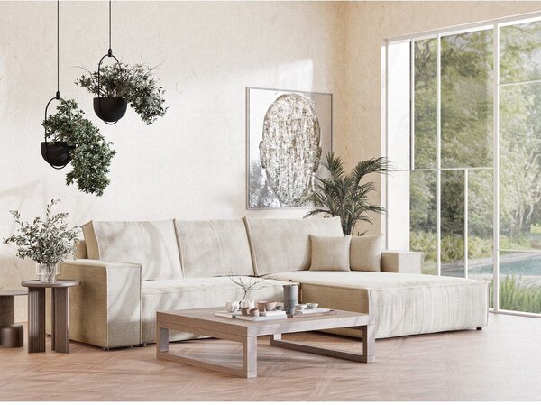 Divano angolare color crema allungabile/con contenitore (con penisola a destra/con chaise lounge) con rivestimento in ciniglia Maze – Maison de Rêve