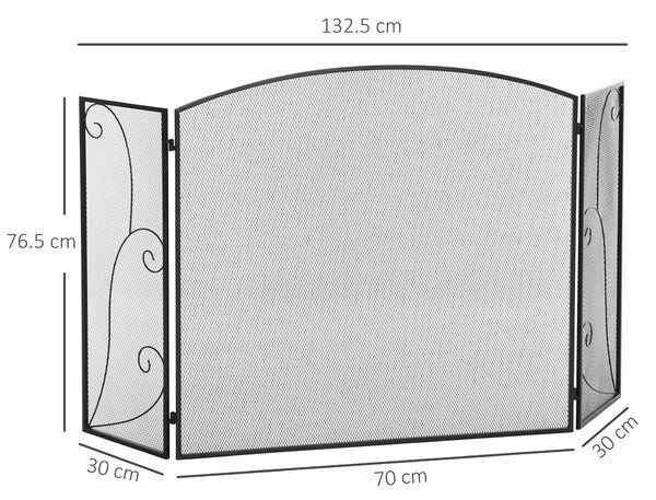 HOMCOM Parascintille a 3 Pannelli pieghevole con Cerniere, Telaio in Metallo a Maglia Decorativa, 132,5x76,5 cm, Nero