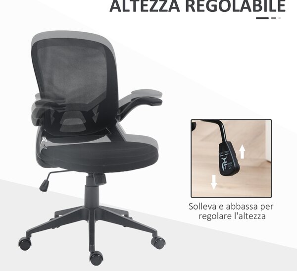 HOMCOM Sedia da Ufficio Ergonomica con Altezza Regolabile, Braccioli Ribaltabili e Tessuto a Rete, Nero|Aosom
