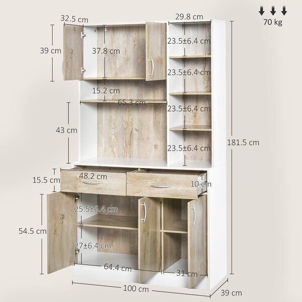 HOMCOM Credenza Cucina Multifunzione in Legno, con Cassetti e Vani Aperti, Stile Moderno, 100x39x181,5 cm, Bianco | Aosom Italy