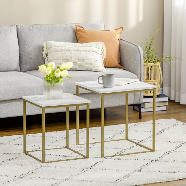 HOMCOM Tavolino da Salotto Set 2 Pz Impilabile con Piano Effetto Marmo in Truciolato e Struttura in Acciaio, 45x45x50 cm e 37x37x43 cm, Bianco e Oro