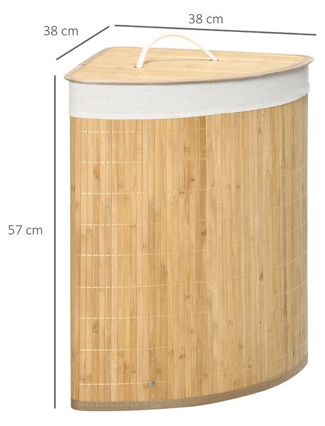 HOMCOM Cesto Portabiancheria con Coperchio Triangolare in Bambù e Tessuto, 38x38x57cm, Colore Legno|Aosom