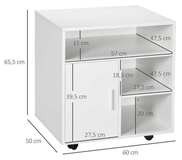 HOMCOM Mobiletto Porta Stampante con Ripiani Aperti e Armadietto in Legno, 60x50x65.5cm, Bianco