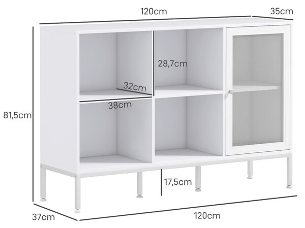 HOMCOM Mobile Buffet con 4 Ripiani Aperti e Armadietto, in Truciolato e Acciaio, 120x37x81.5 cm, Bianco|Aosom