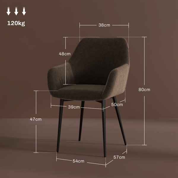 HOMCOM Set 2 Sedie da Pranzo Nordiche Imbottite con Braccioli Ricurvi in Tessuto Effetto Velluto, 54x57x80 cm, Marrone