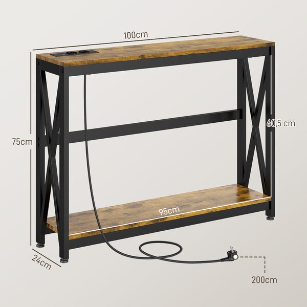 HOMCOM Tavolo Moderna da Ingresso Stile Industriale con Prese di Corrente e USB, Consolle Legno e Acciaio, 100x24x75cm, Marrone