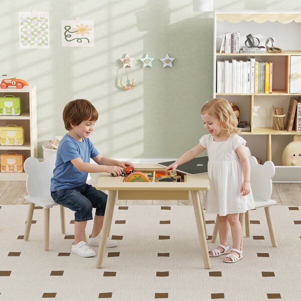 AIYAPLAY Set Tavolo 3 in 1 e 2 Sedie per Bambini con Schienale a Orsetto, Età 3-6 Anni, Colore Legno