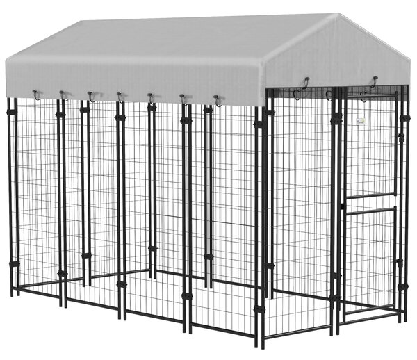 PawHut Recinto per Cani da Esterno con Tetto e Porta a 2 Sezioni in Metallo, 239x121x183cm, Argento