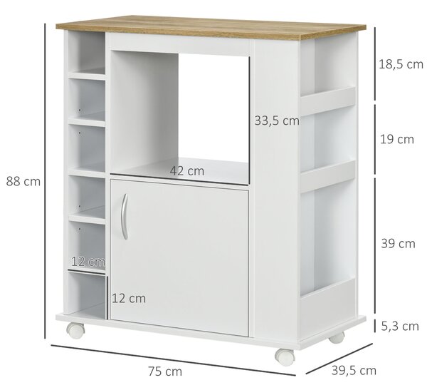 Carrello cucina moderno con diversi spazi e Armadietto, 3 ripiani laterali 4 Ripiani Regolabili, Ruote Girevoli e Freno, Bianco | Aosom Italy