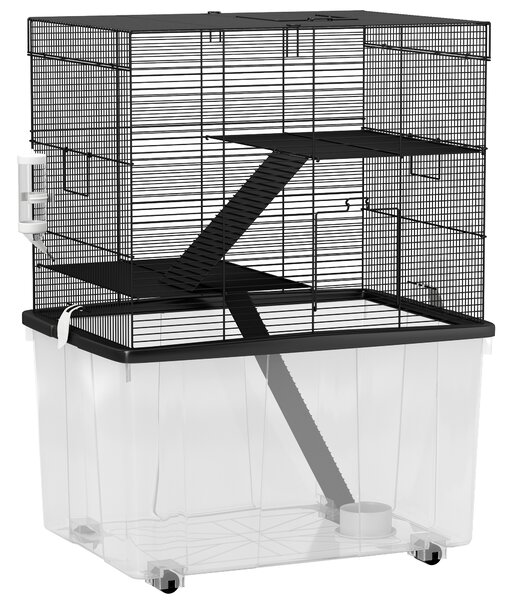 PawHut Gabbia per Criceti 3 Piani con Ruote, 2 Piattaforme, Rampe, Ciotola e Bottiglia, 58x43x74 cm, Nero