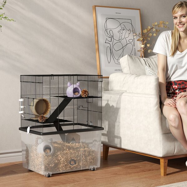 PawHut Gabbia per Criceti 3 Piani con Ruote, 2 Piattaforme, Rampe, Ciotola e Bottiglia, 58x43x74 cm, Nero