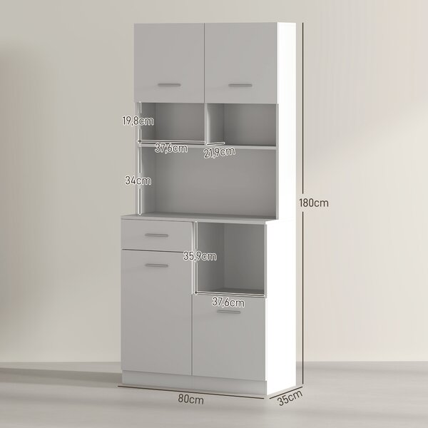 HOMCOM Mobile Dispensa in Legno con Cassetto, 4 Armadietti e 3 Ripiani Aperti, 80x35x180 cm, Bianco