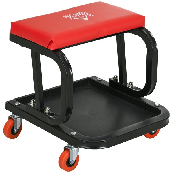 HOMCOM Sgabello da Officina Imbottito con Ruote e Vassoio Porta Attrezzi in Acciaio e PU, 38x35x37cm, Rosso|Aosom