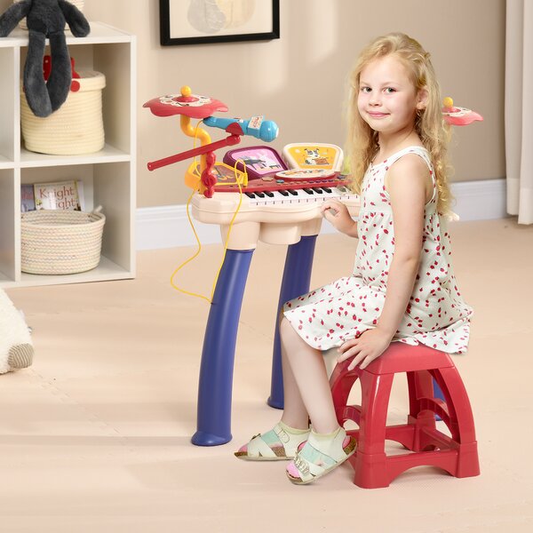 AIYAPLAY Pianola per Bambini 3-6 Anni con Sgabello, Microfono, Tamburo e Bacchette, in PP e ABS, 74x32.2x71 cm|Aosom