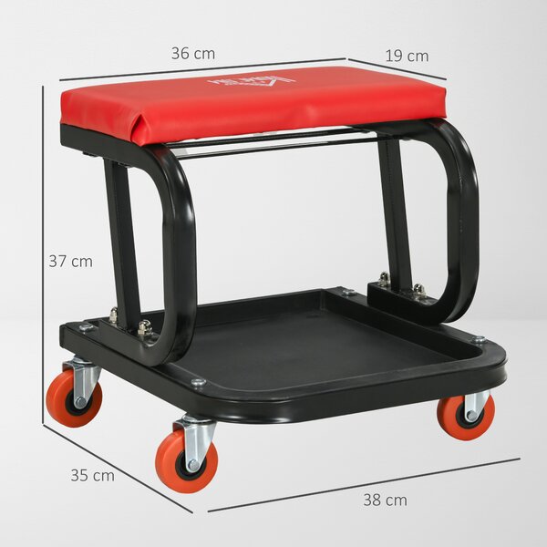 HOMCOM Sgabello da Officina Imbottito con Ruote e Vassoio Porta Attrezzi in Acciaio e PU, 38x35x37cm, Rosso|Aosom