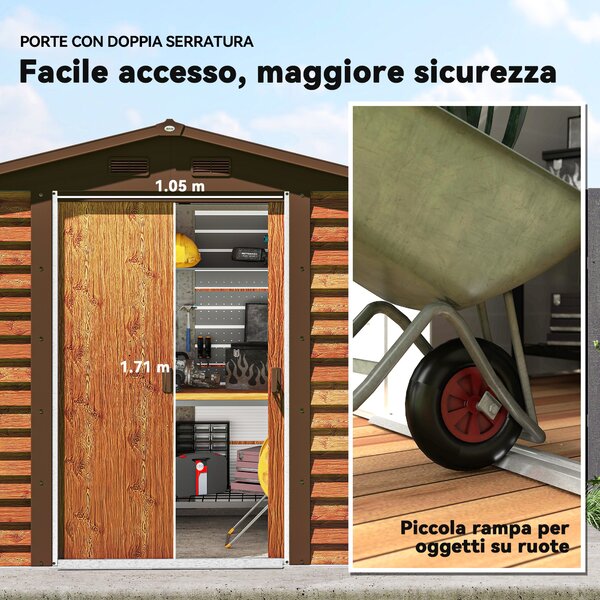 Outsunny Casetta da Giardino Porta Attrezzi con Porte Scorrevoli, 4 Prese d'Aria e 2 Fori di Drenaggio, 2.3x1.5x2 m, Marrone | Aosom Italy